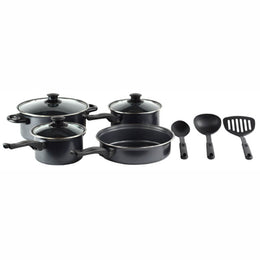 Gourmet Chef Non-Stick Cookware Set - Carbon Steel Finishes Stay Cool Bakelite Handles, Clear Glass Lid, Scratch Resistant Heavy Gauge, 10 Piece, Black