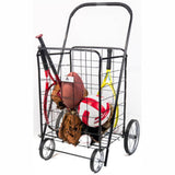 ATHome Large Deluxe Rolling Utility / Shopping Cart - Stowable Folding Heavy Duty Cart with Metal Frame Wheels For Hauling Laundry, Groceries, Toys, Sports Equipment, Black